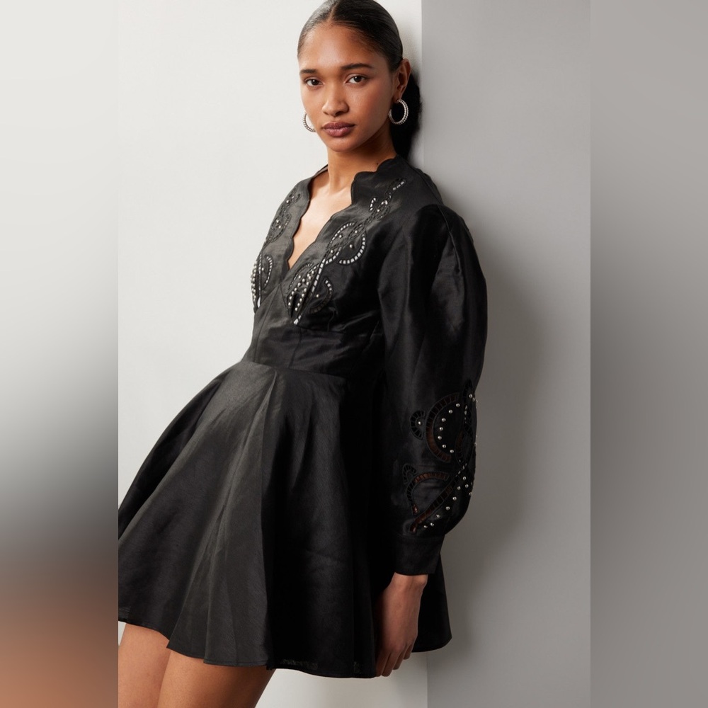 Maje Black Long-Sleeve Embellished V-Neck Fit-and-Flare Dress Small / 2 Repair - Picture 11 of 15